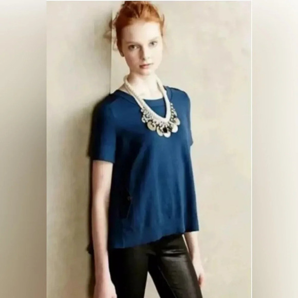 ANTHROPOLOGIE MOTH Backstory Pleated Back Knit Sweater SMALL Teal Short Sleeve - Picture 1 of 16